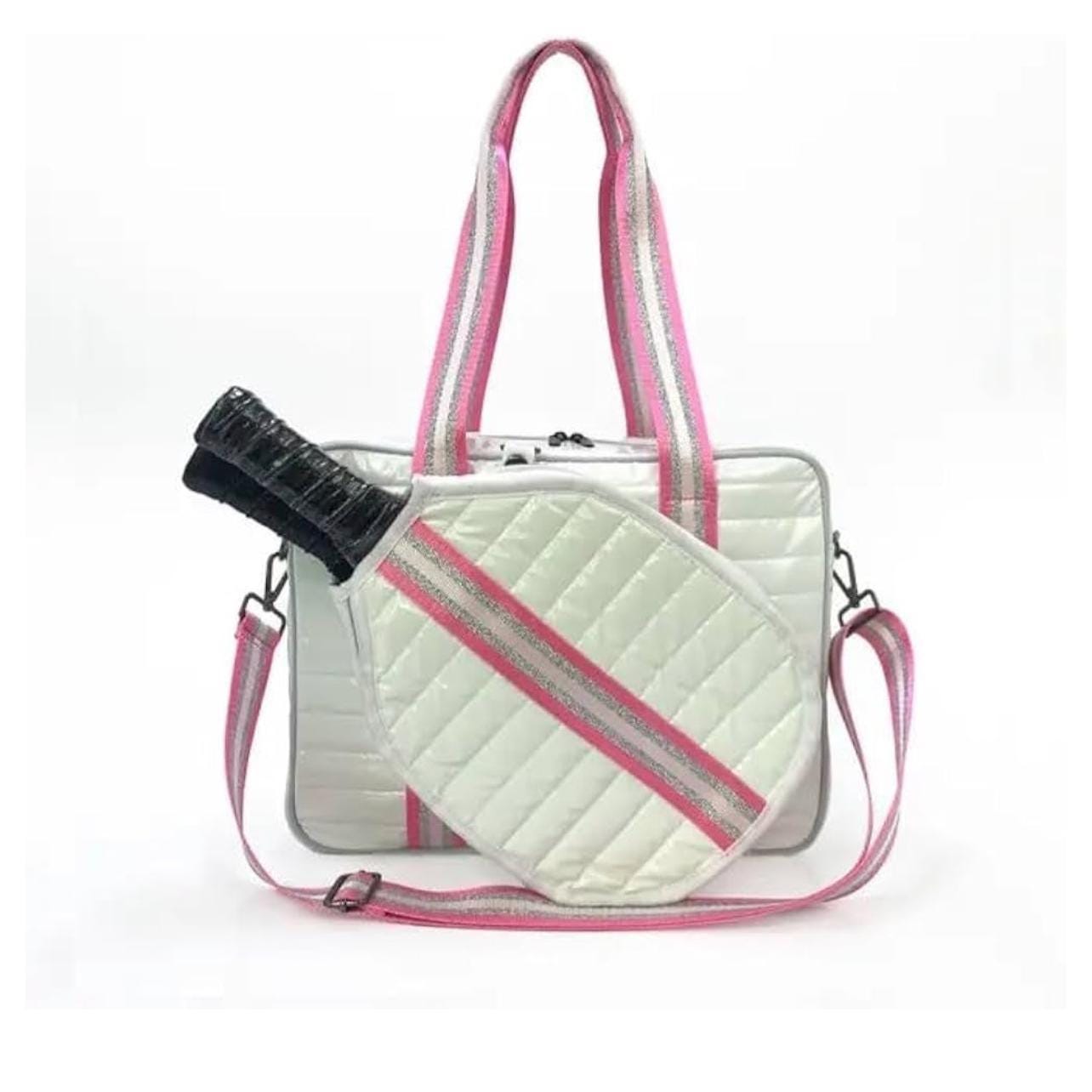 Cutest Pickleball quilted Patent faux leather tote w/ sling bag. detachable paddle bag. Embroidered Monogram or Name! 14”L x 11”(h) x 5”(D)