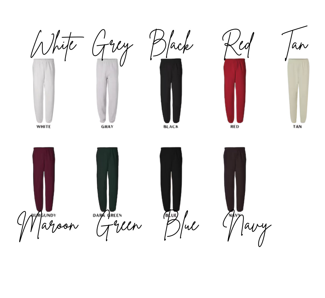 Sweatpants elastic bottoms & college logo and name down leg college, camp, team name
