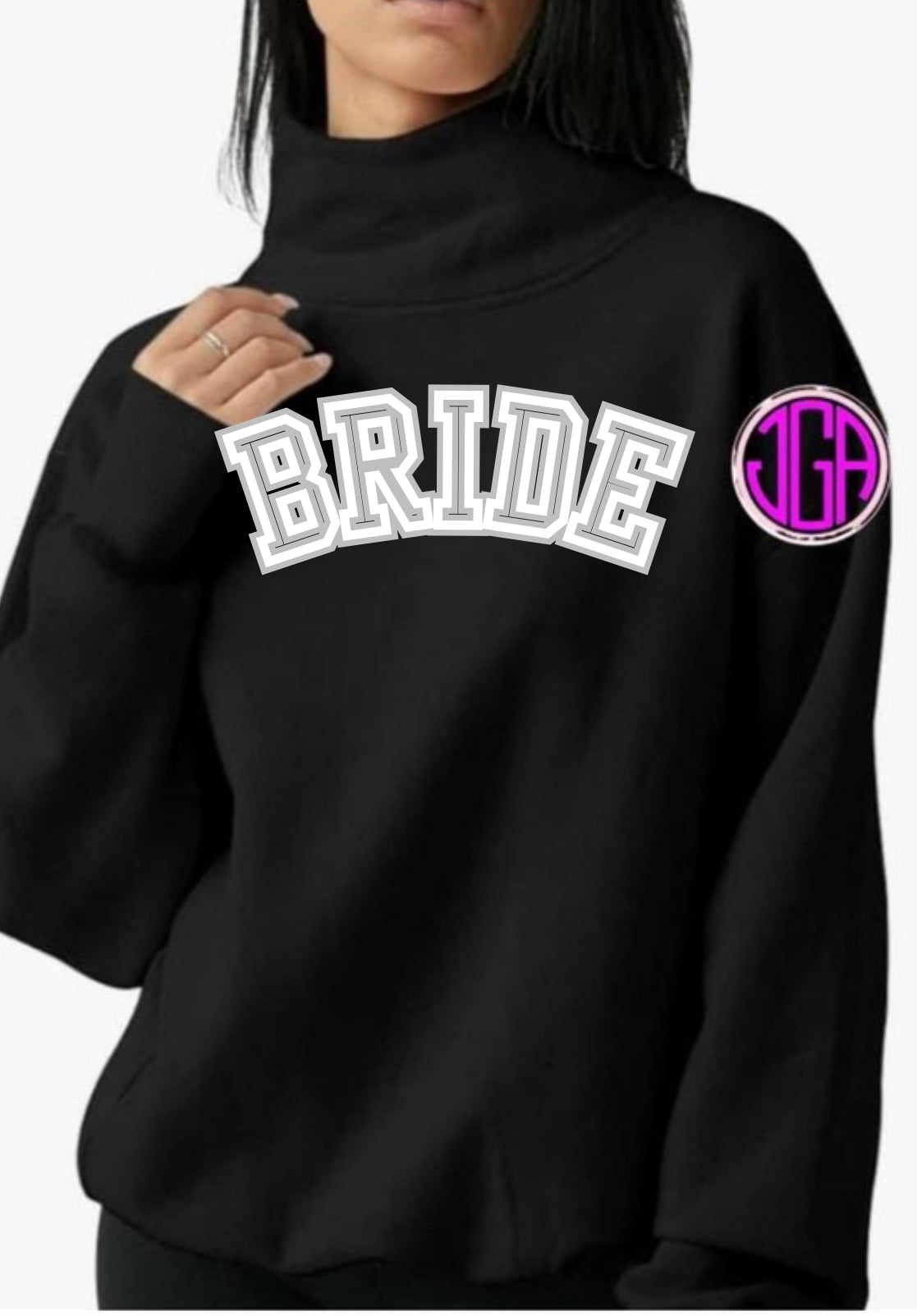 BRIDE white on white oversized block letters w/ date & last name on cuff on a mock neck soft oversized sweatshirt. PARK inspired