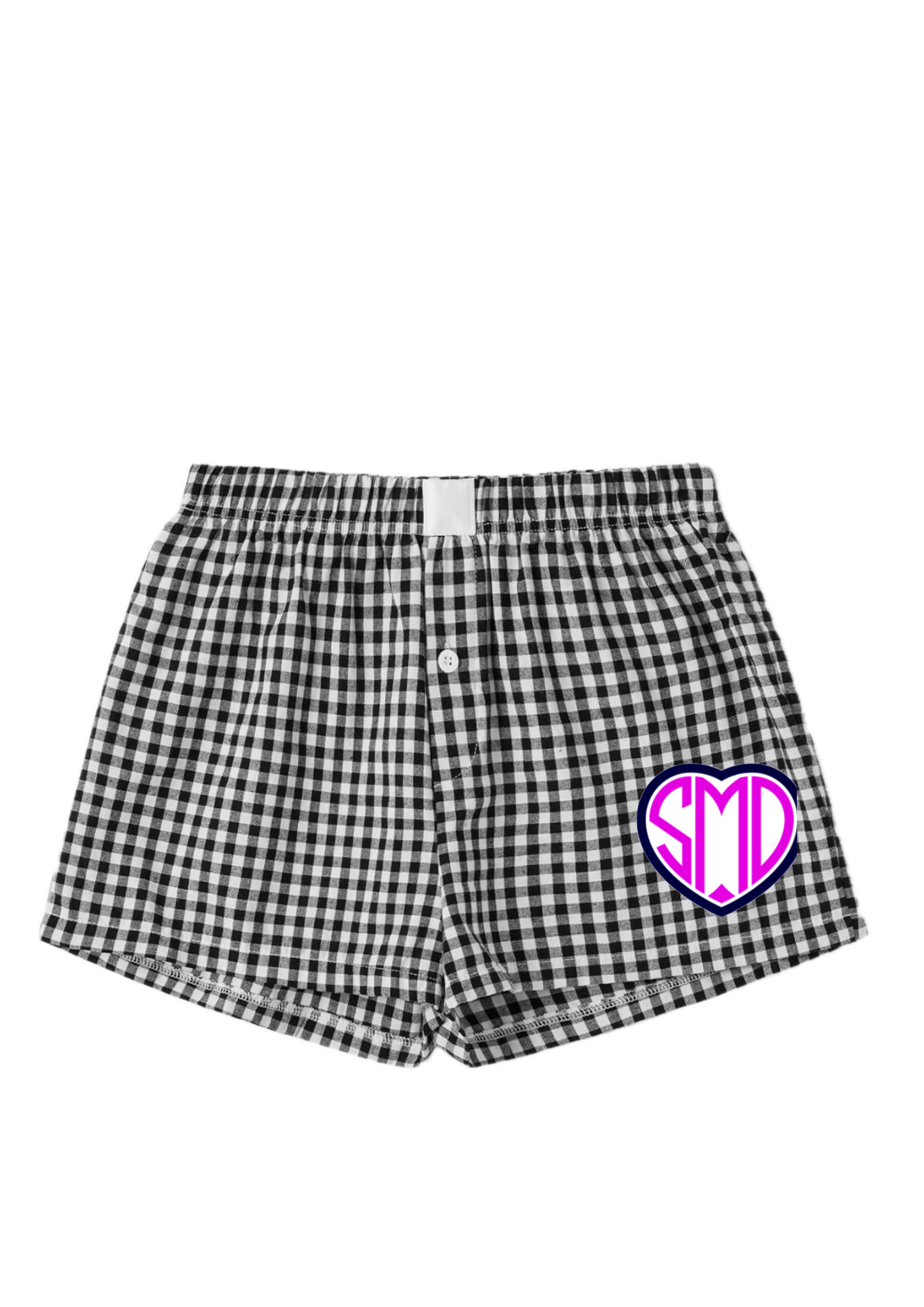 Women’s college or camp custom gingham boxer shorts monogram or college logo