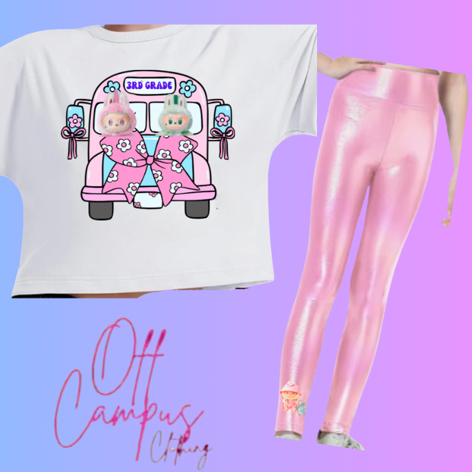 Inspired by laboobu dolls on School Bus shirt with Grade and name optional. (as a set is an option with metallic matching leggings)