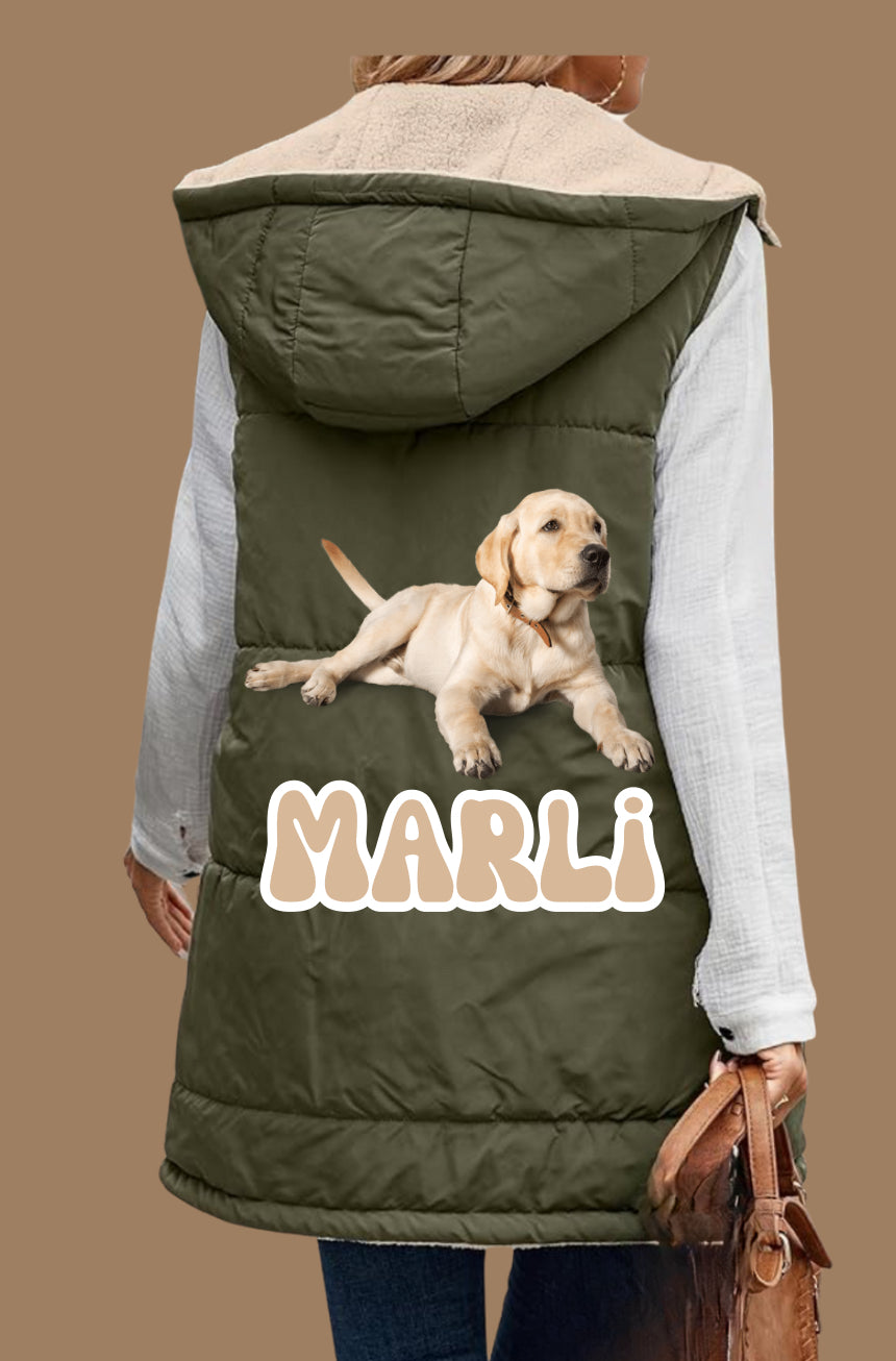 Womens Personalized Long Puffer Vest Zip up Reversible Fleece Jackets Winter Warm Hooded Coat Sleeveless Jacket add Logo or Name on the back