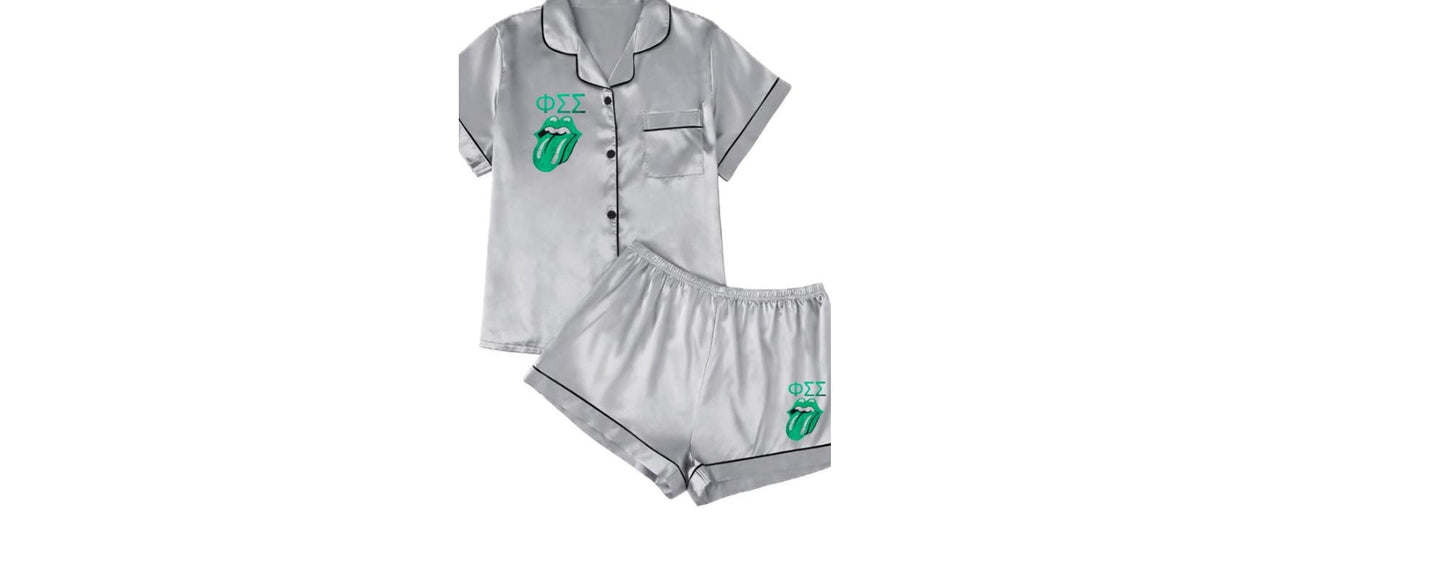 The Stones Tongue 2 piece (custom) satin pajama short lounge set Custom College/Camp Set. (Optional monogram or name) Greek Sorority Letters