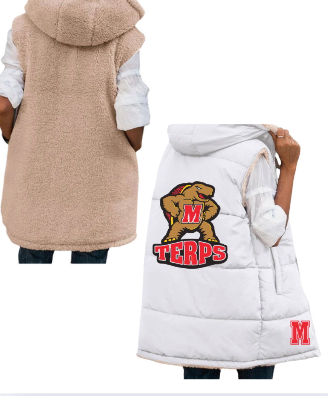 Womens Personalized Long Puffer Vest Zip up Reversible Fleece Jackets Winter Warm Hooded Coat Sleeveless Jacket add Logo or Name on the back