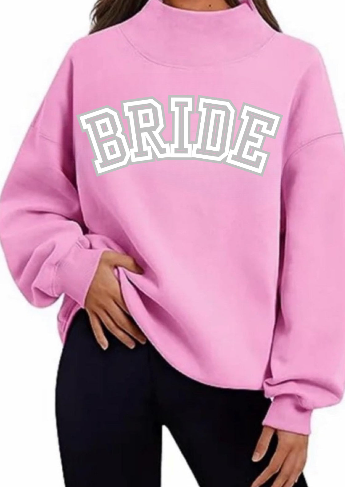 BRIDESMAID oversized block letters w/ date & last name on cuff on a mock neck soft oversized sweatshirt. PARK like