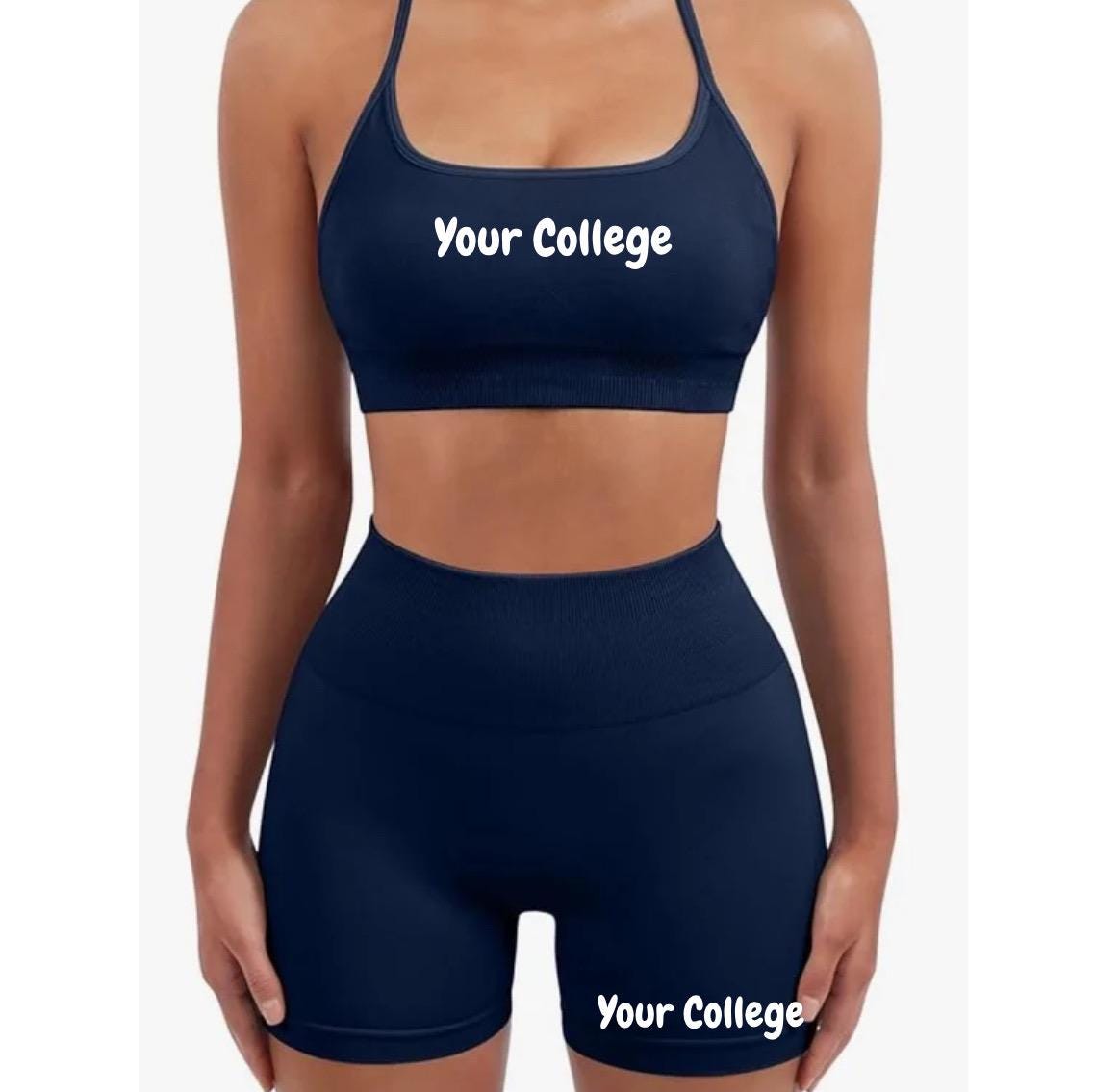 College Name Workout sport bra style Two Piece SET Slim Short Sleeve Low Waist Foldover Shorts.