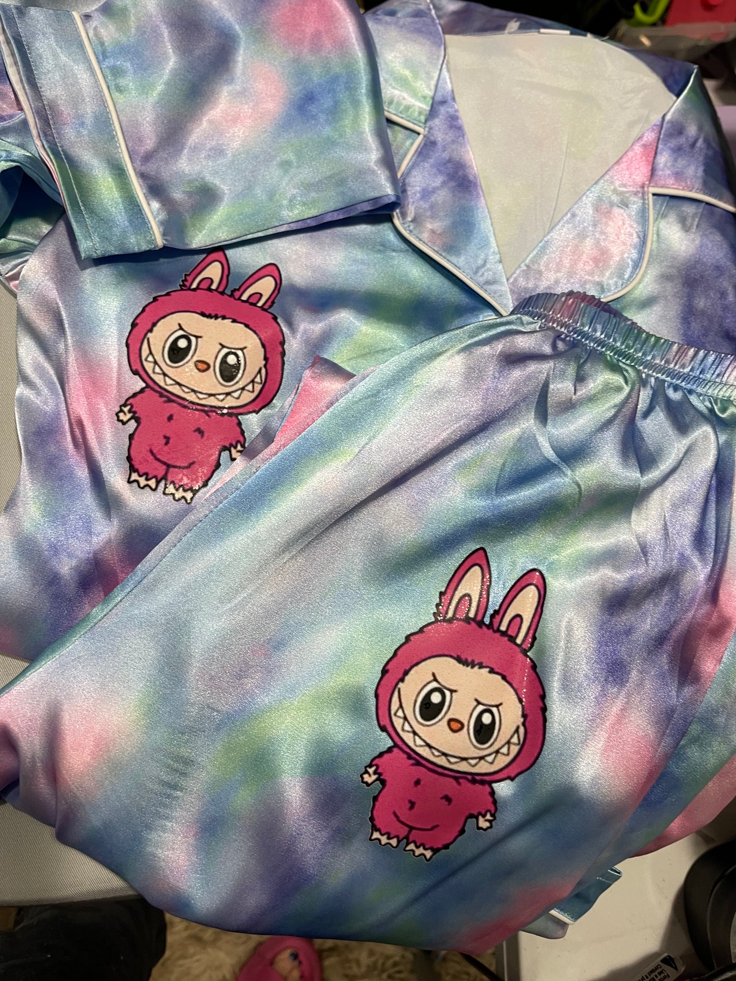 Custom labooboo inspired Youth 2 piece satin pajama set Camp or School - Cute Labubu-Inspired