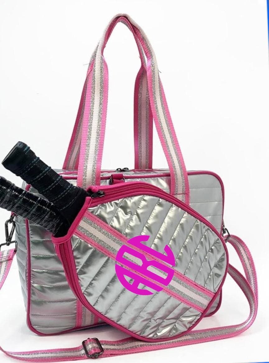 Cutest Pickleball quilted Patent faux leather tote w/ sling bag. detachable paddle bag. Embroidered Monogram or Name! 14”L x 11”(h) x 5”(D)