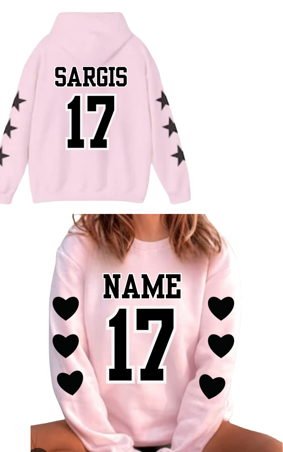 Sports Star Sweatshirt with Name & Number Sport Mom, Sibling, Aunt, Player Family - stars or hearts down the arms
