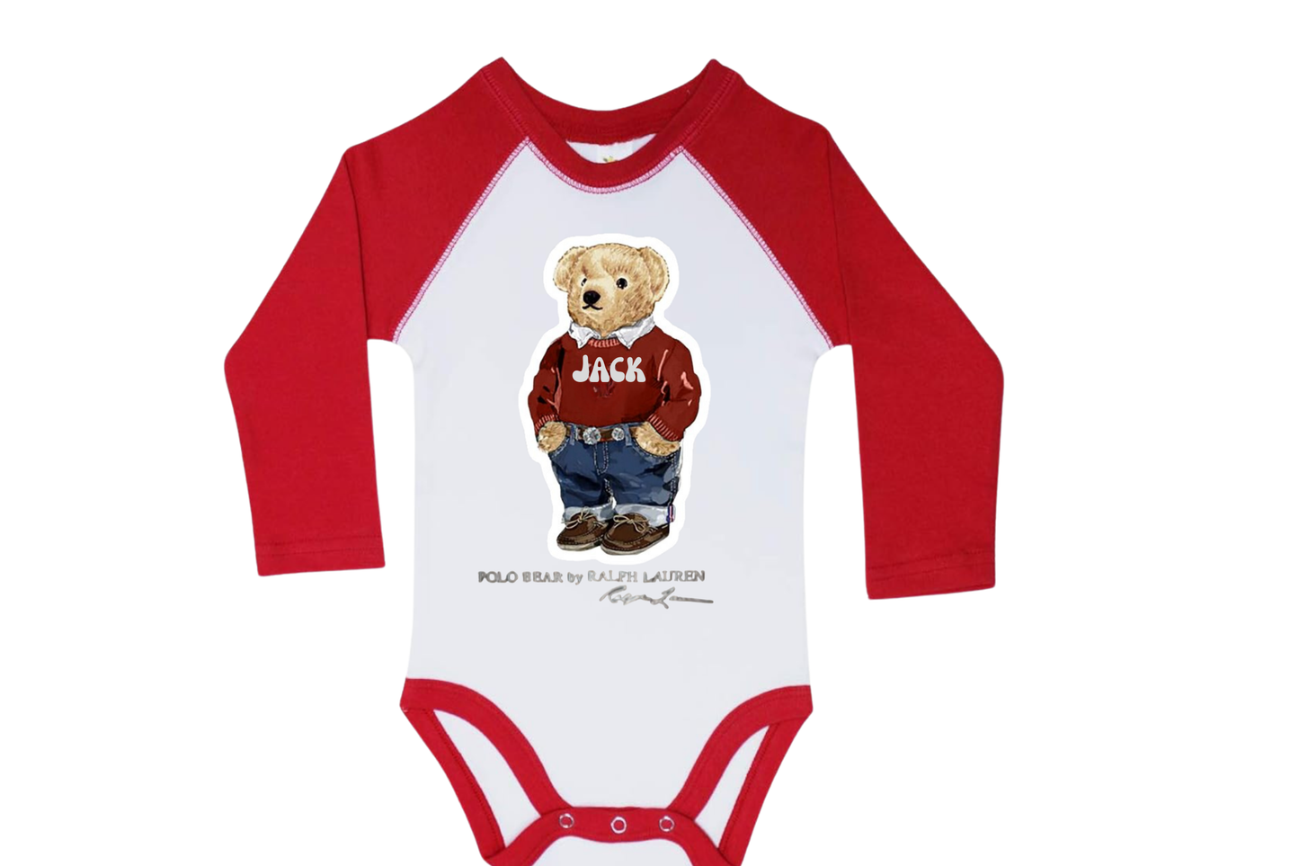 Couture Fashion Bear Custom Raglan onesie personalized with name and color (iced coffee, shopping bear, add name)