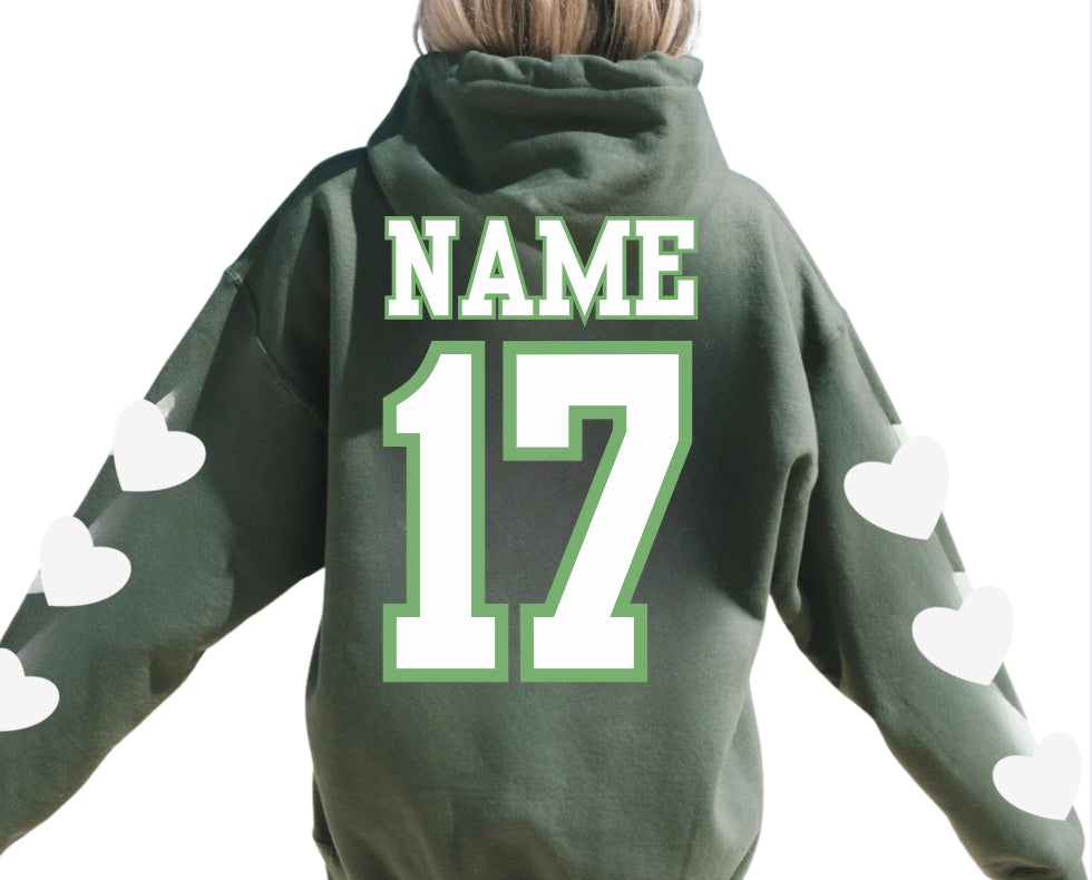 Sports Star Sweatshirt with Name & Number Sport Mom, Sibling, Aunt, Player Family - stars or hearts down the arms