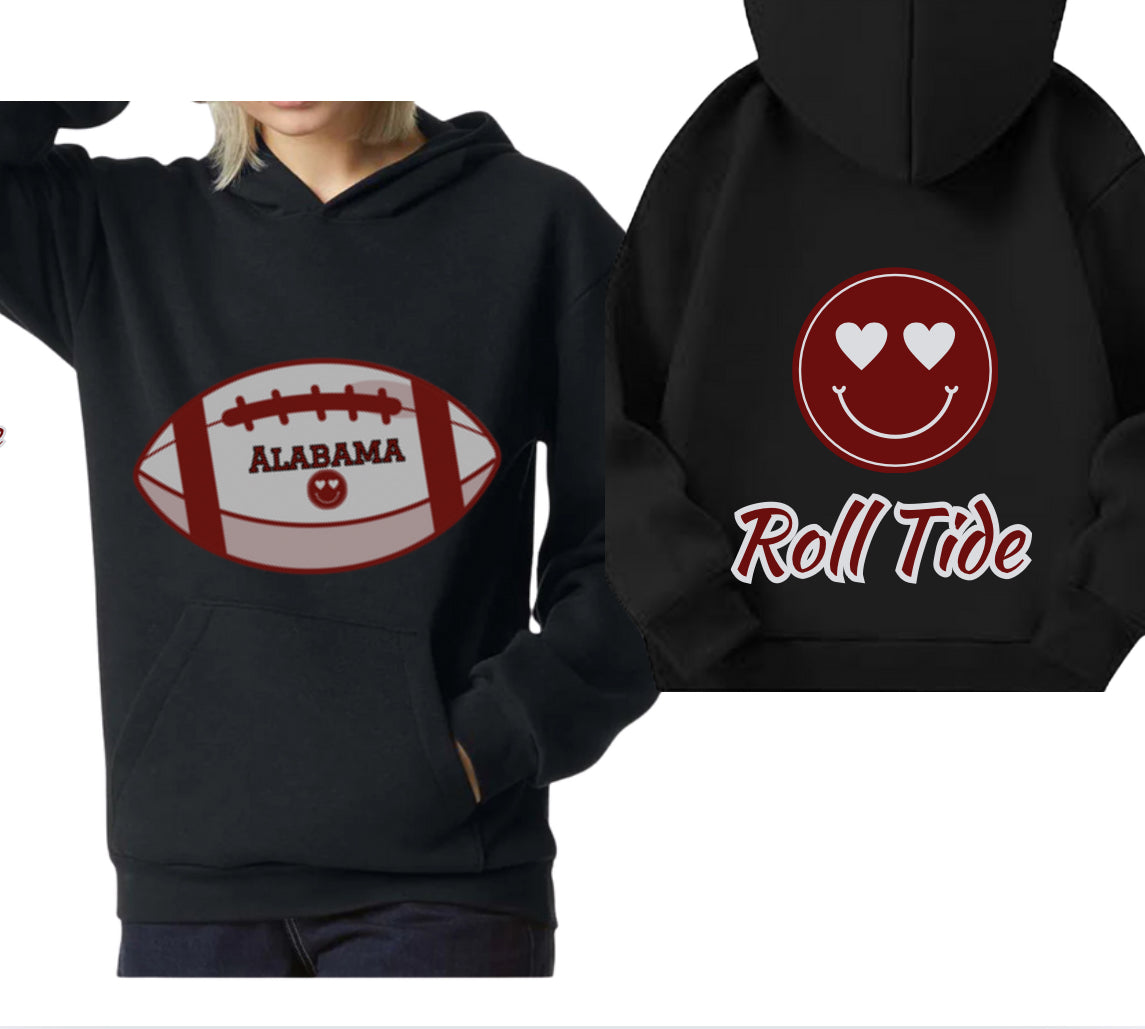 College Football Smiley Sweatshirt with Name & Number Sport Mom, Sibling, Aunt, Player Family - stars or hearts down the arms
