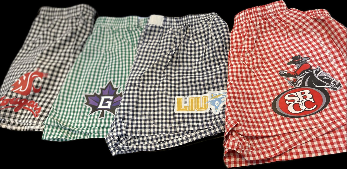 Women’s college or camp custom gingham boxer shorts monogram or college logo