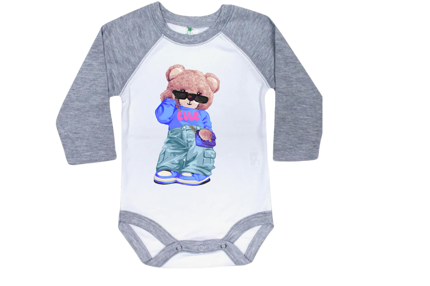 Couture Fashion Bear Custom Raglan onesie personalized with name and color (iced coffee, shopping bear, add name)