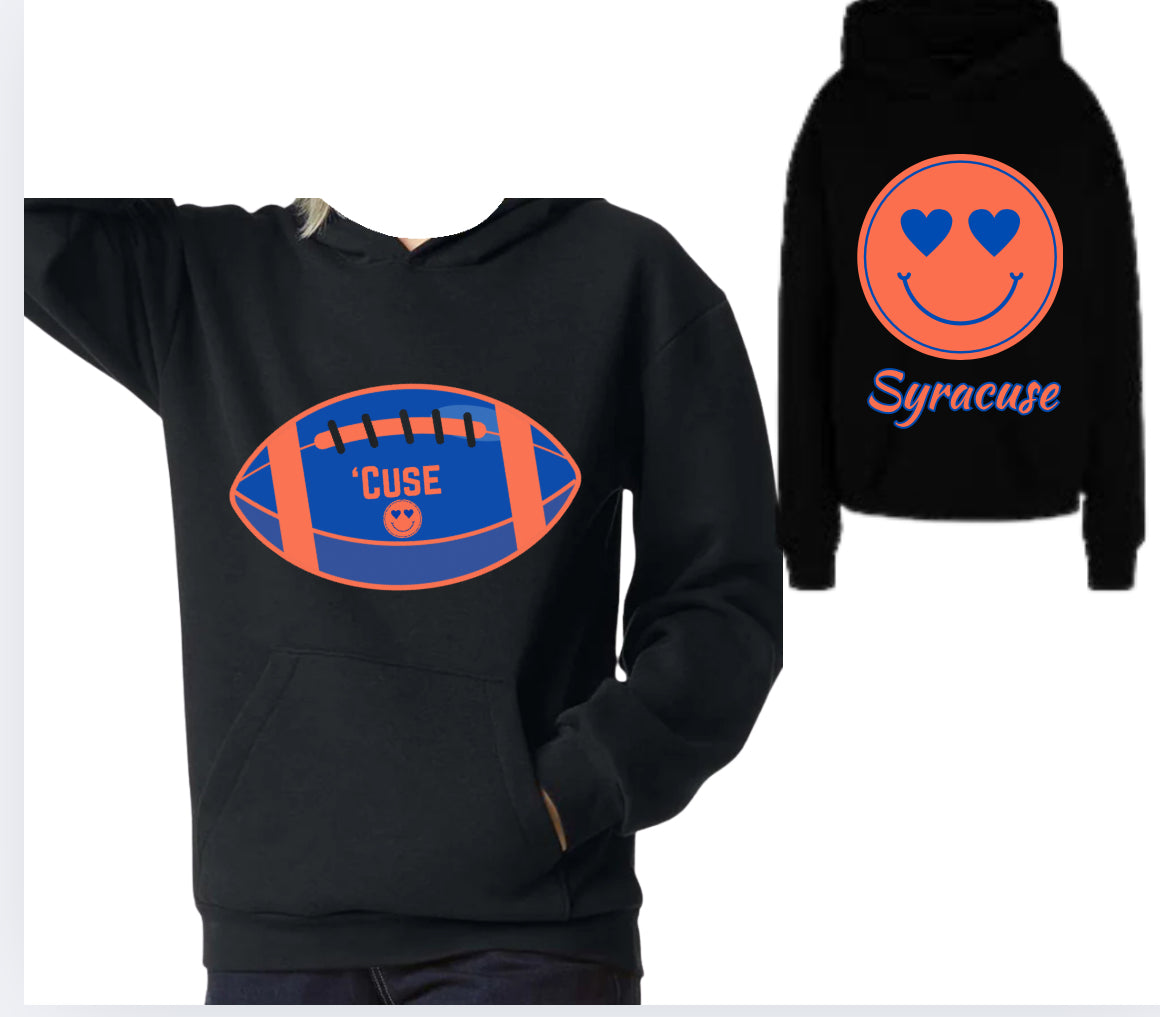 College Football Smiley Sweatshirt with Name & Number Sport Mom, Sibling, Aunt, Player Family - stars or hearts down the arms