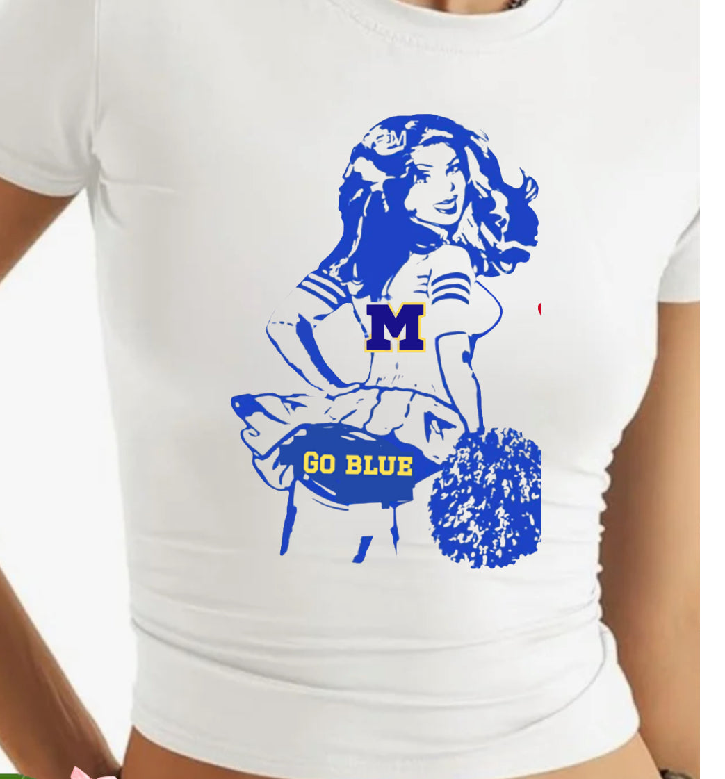 Pin up girl cheerleader College Name on Tush baby t or off shoulder sweatshirt. this design also comes in cropped tank, cropped baby t