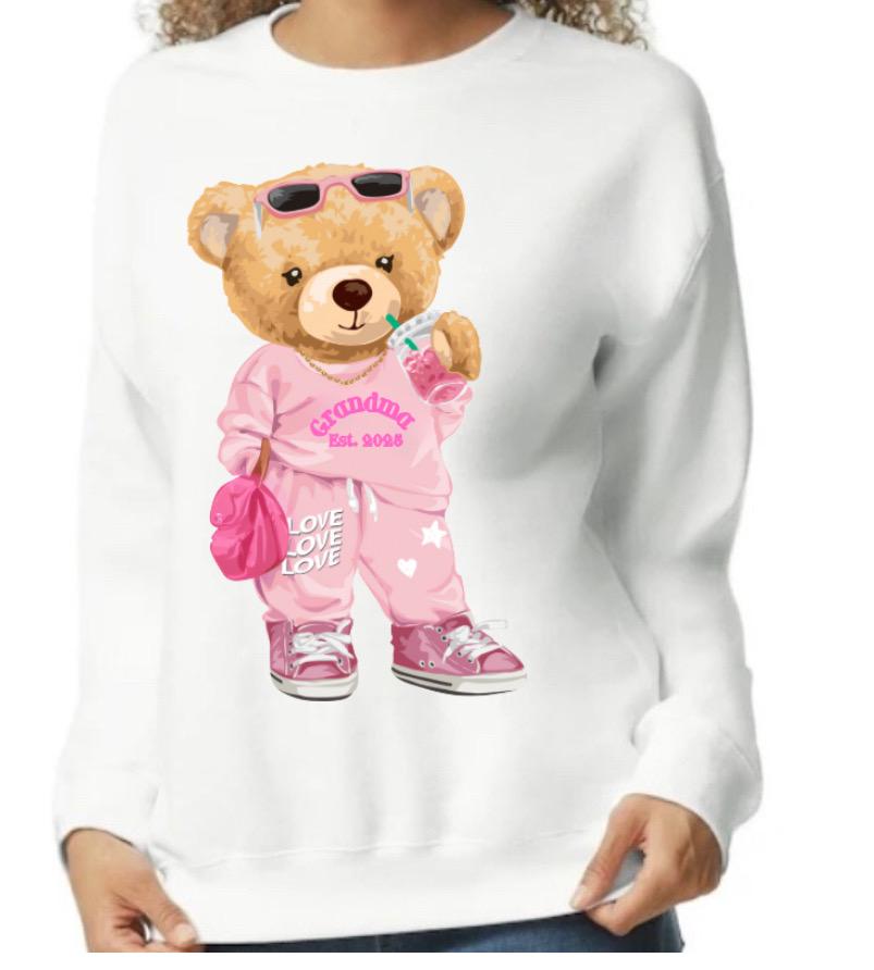 Teddy Bear w/ Iced Coffee Personalized Sweatshirt Personalized Family Gift Grandma, Grandma, Aunt, Friend “Est. 2025”