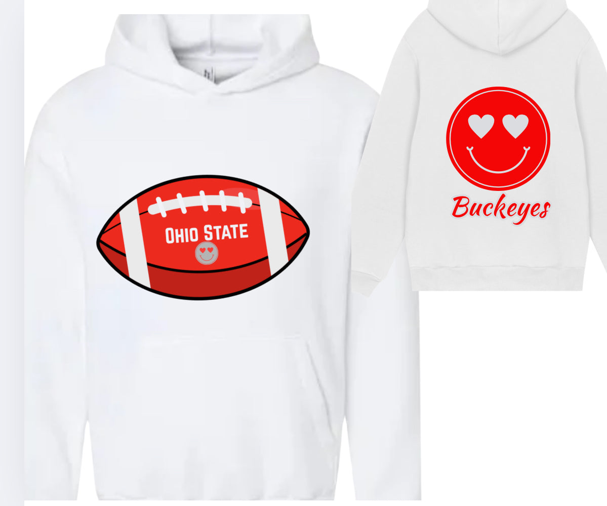 College Football Smiley Sweatshirt with Name & Number Sport Mom, Sibling, Aunt, Player Family - stars or hearts down the arms
