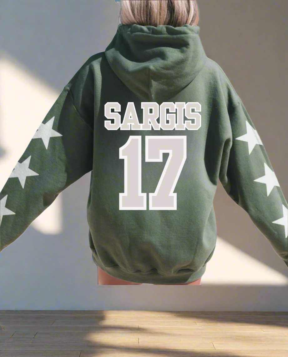 Sports Star Sweatshirt with Name & Number Sport Mom, Sibling, Aunt, Player Family - stars or hearts down the arms