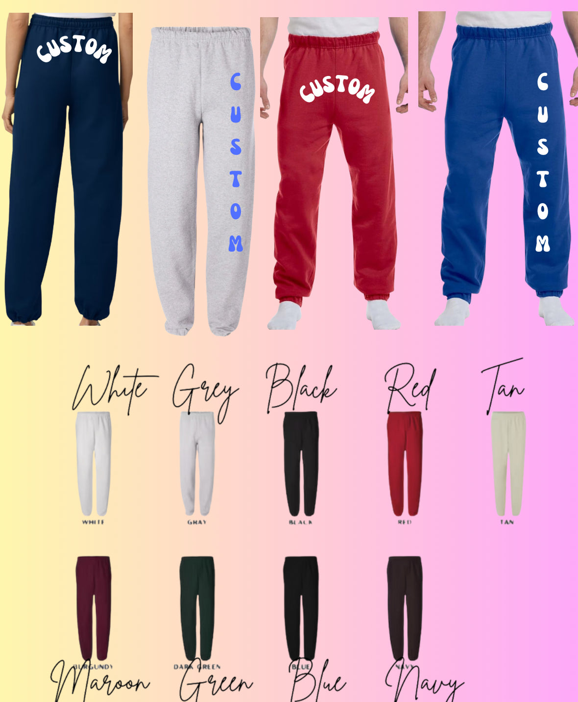 Sweatpants elastic bottoms & college logo and name down leg college, camp, team name