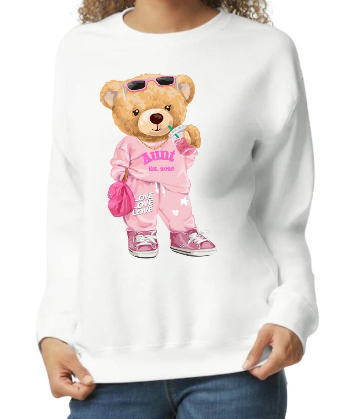 Teddy Bear w/ Iced Coffee Personalized Sweatshirt Personalized Family Gift Grandma, Grandma, Aunt, Friend “Est. 2025”