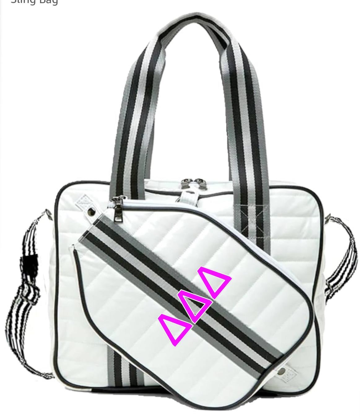 Cutest Pickleball quilted Patent faux leather tote w/ sling bag. detachable paddle bag. Embroidered Monogram or Name! 14”L x 11”(h) x 5”(D)