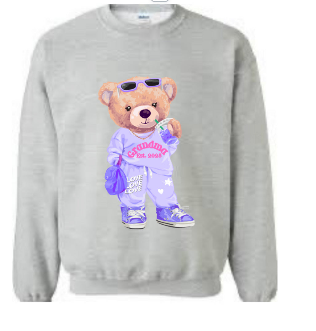 Teddy Bear Sweatshirt Personalized Family Pregnancy announcement Grandpa, Grandma, Uncle, Aunt, Dad “Est. 2025”