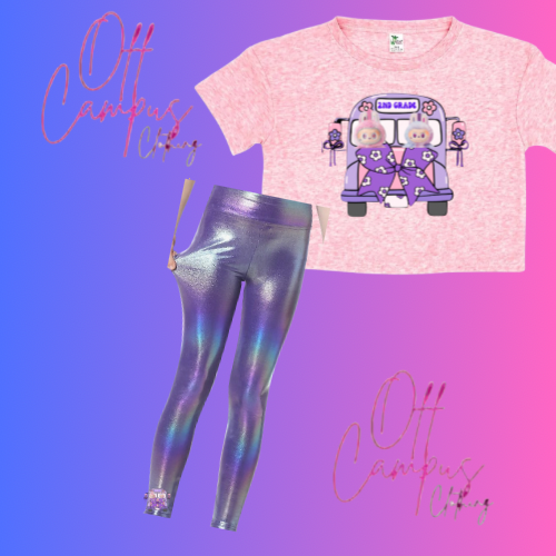 Inspired by laboobu dolls on School Bus shirt with Grade and name optional. (as a set is an option with metallic matching leggings)
