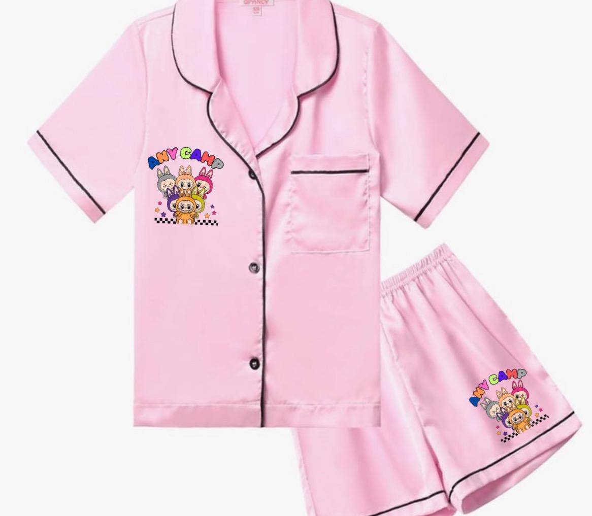 Custom labooboo inspired Youth 2 piece satin pajama set Camp or School - Cute Labubu-Inspired