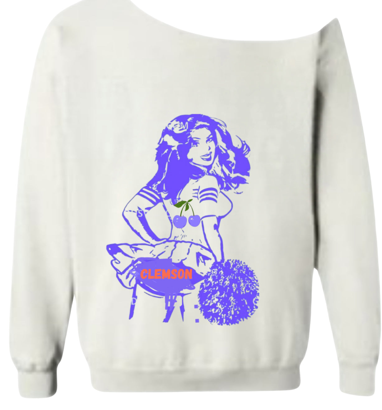 Pin up girl cheerleader College Name on Tush baby t or off shoulder sweatshirt. this design also comes in cropped tank, cropped baby t