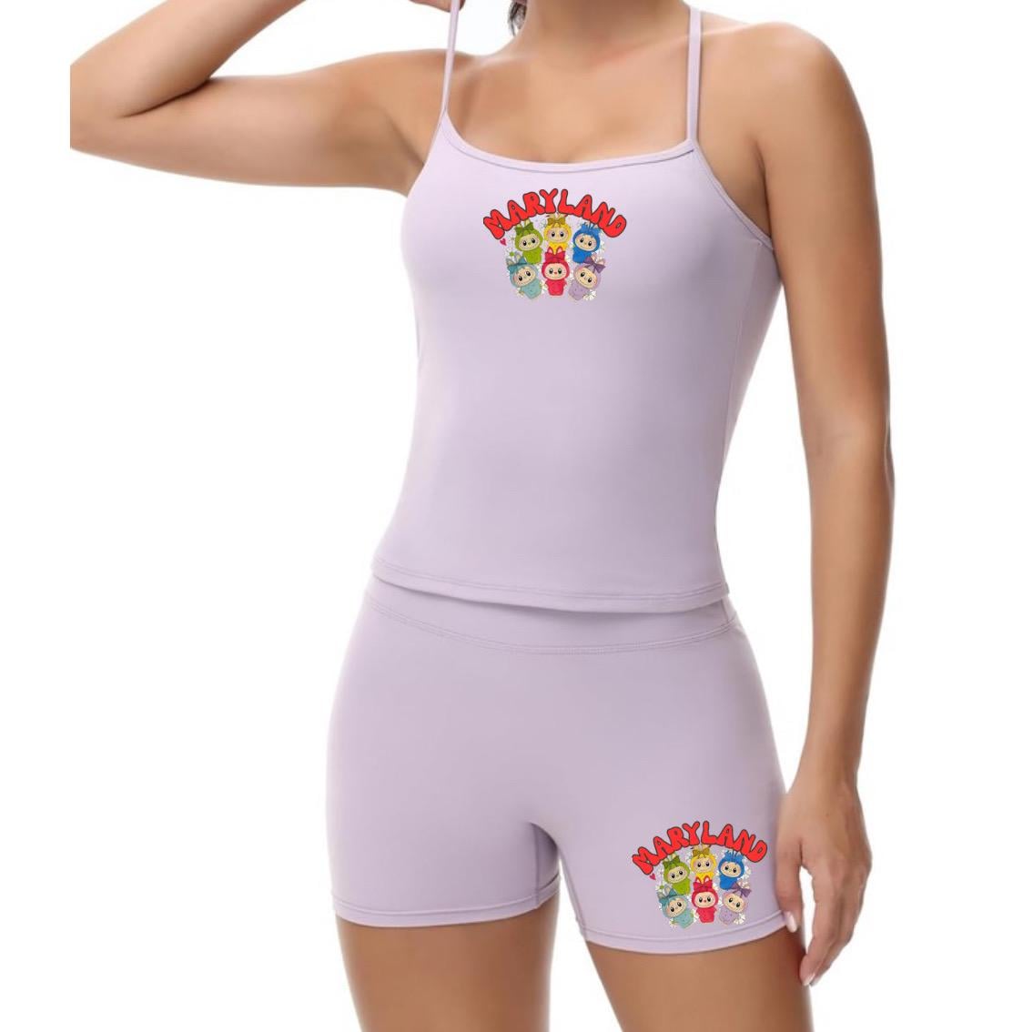 College Name Workout spaghetti tank Two Piece SET Slim Short Sleeve Low Waist Foldover Shorts.