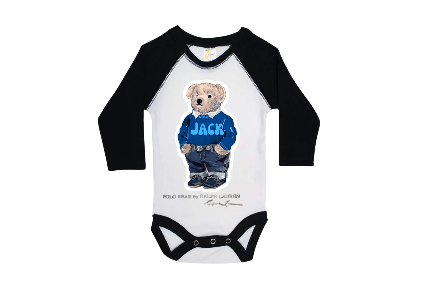 Couture Fashion Bear Custom Raglan onesie personalized with name and color (iced coffee, shopping bear, add name)