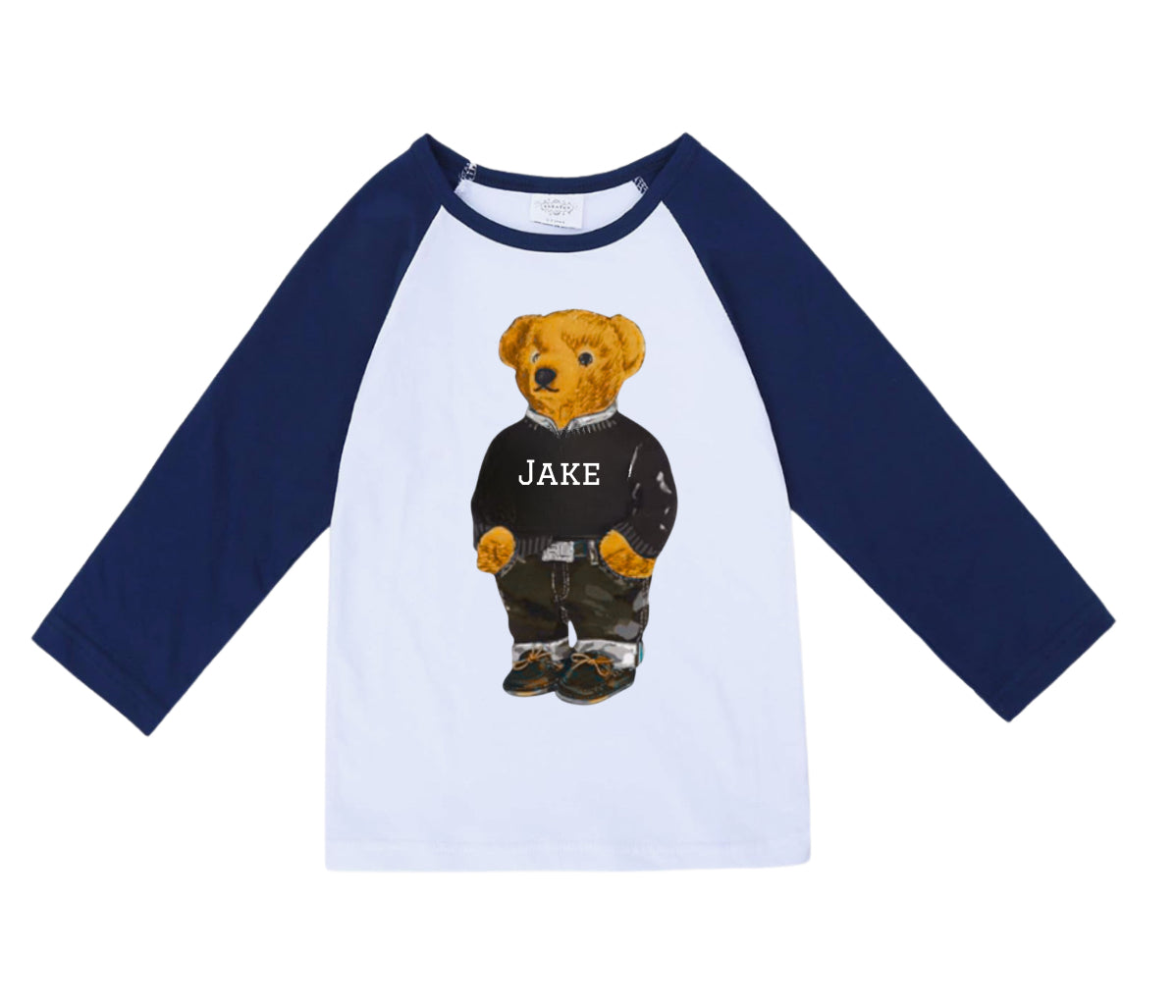 Toddler Bear Custom Raglan personalized with name and color (iced coffee, sunglasses, polo bear couture shopping bear, add their name)