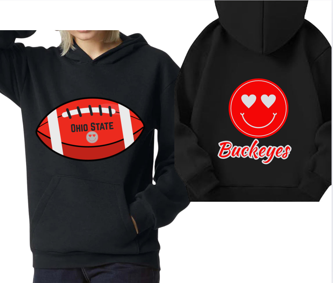 College Football Smiley Sweatshirt with Name & Number Sport Mom, Sibling, Aunt, Player Family - stars or hearts down the arms