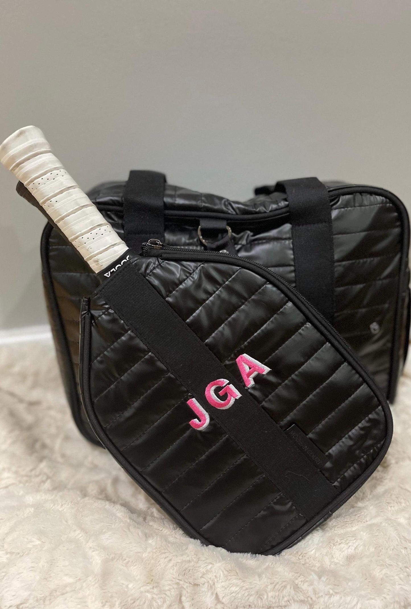 Cutest Pickleball quilted Patent faux leather tote w/ sling bag. detachable paddle bag. Embroidered Monogram or Name! 14”L x 11”(h) x 5”(D)