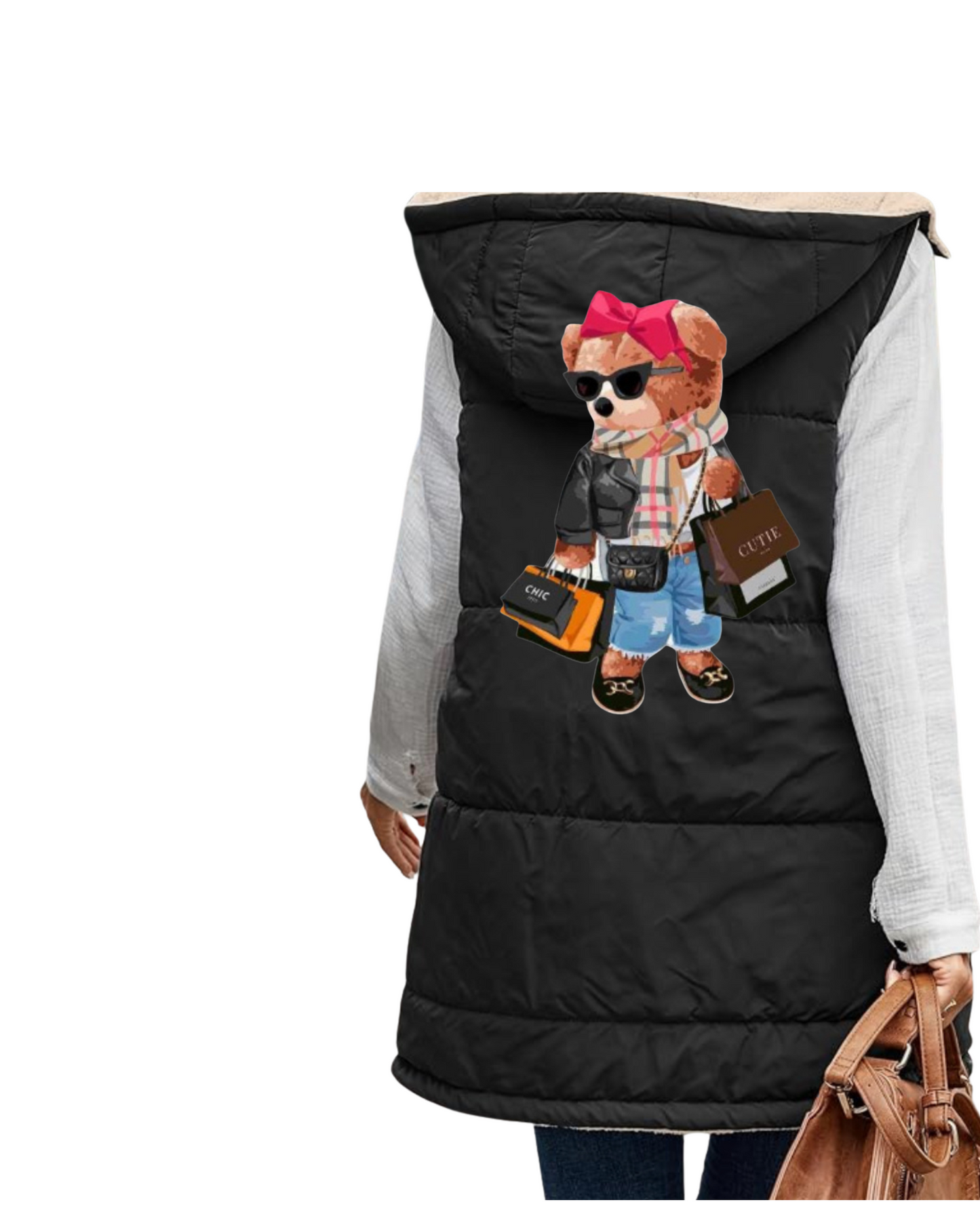 Womens Personalized Long Puffer Vest Zip up Reversible Fleece Jackets Winter Warm Hooded Coat Sleeveless Jacket add Logo or Name on the back