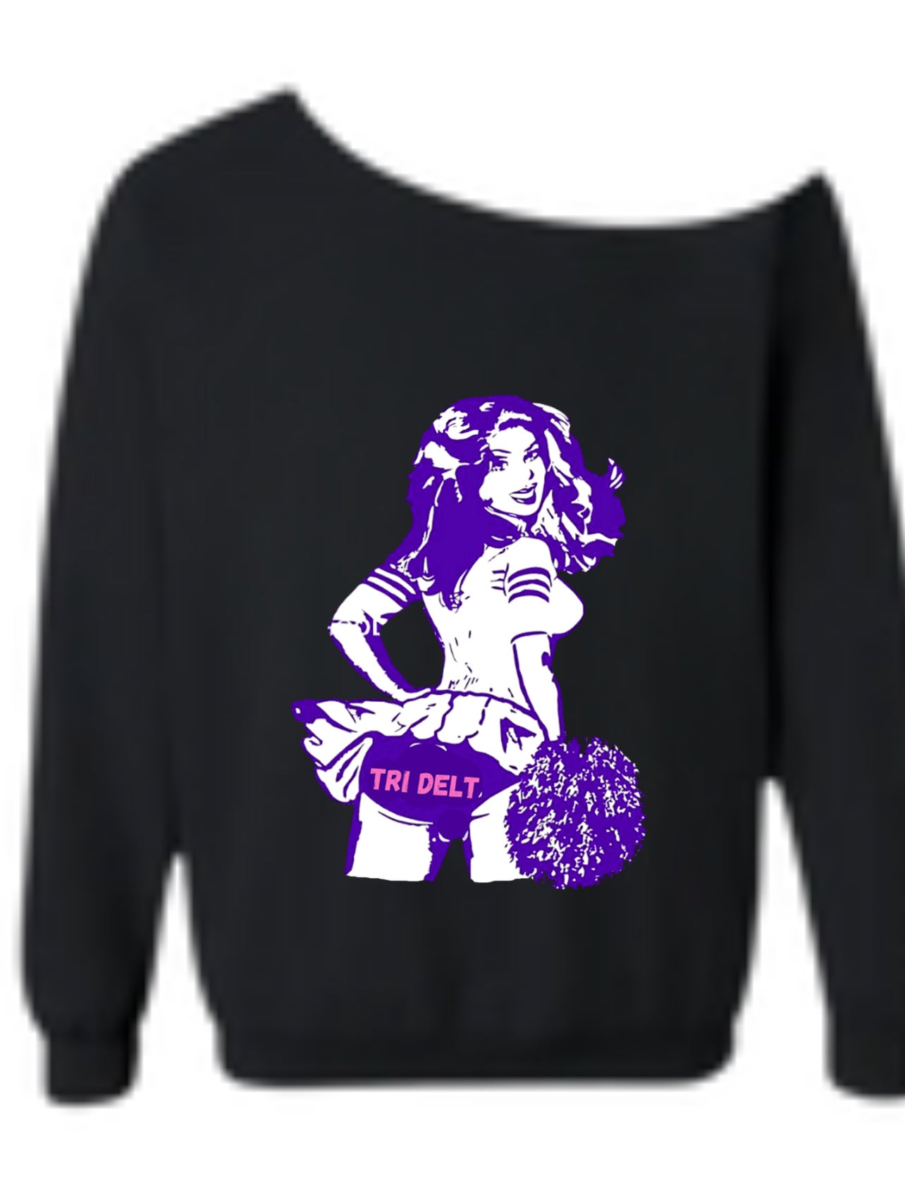Pin up girl cheerleader College Name on Tush baby t or off shoulder sweatshirt. this design also comes in cropped tank, cropped baby t