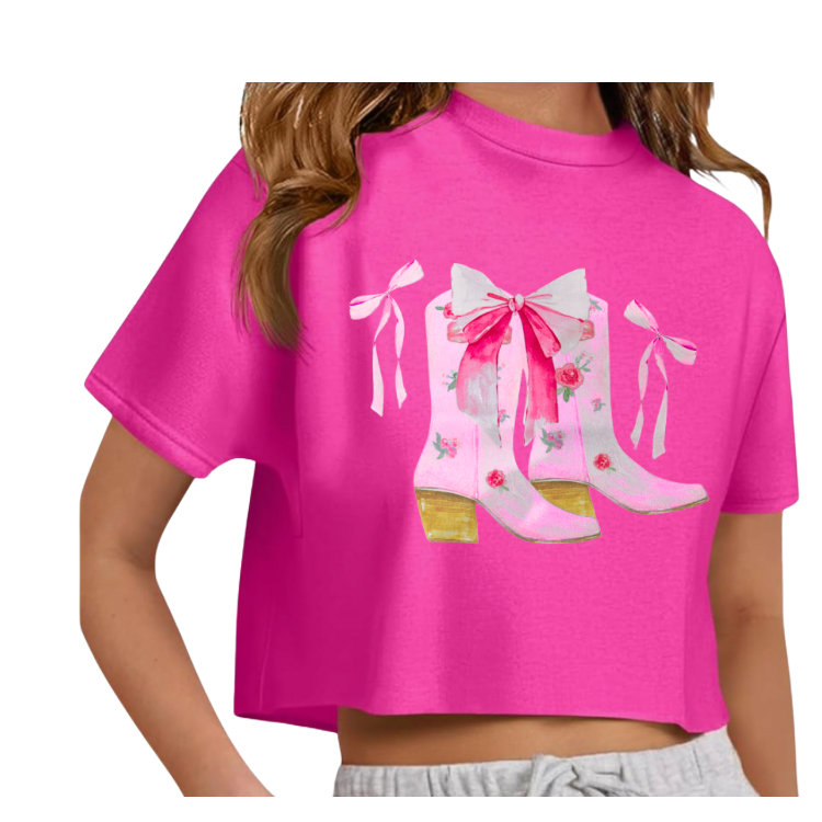 Cowgirl Boots and Bows oversized Cropped T shirt