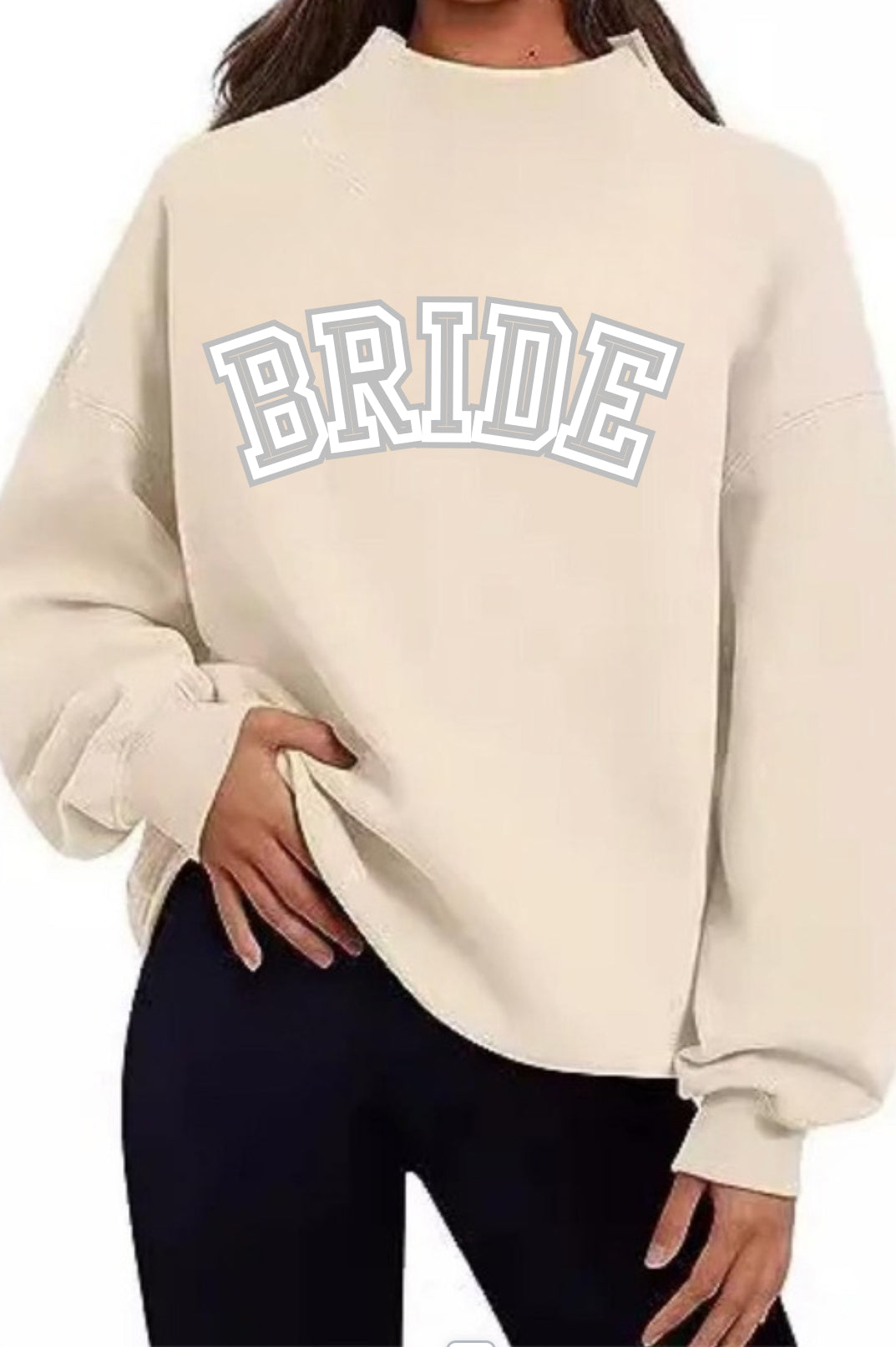BRIDESMAID oversized block letters w/ date & last name on cuff on a mock neck soft oversized sweatshirt. PARK like