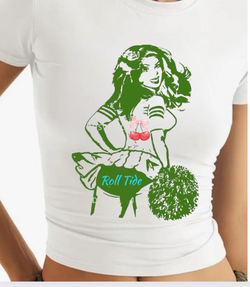 Pin up girl cheerleader College Name on Tush baby t or off shoulder sweatshirt. this design also comes in cropped tank, cropped baby t