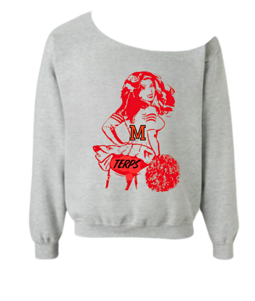 Pin up girl cheerleader College Name on Tush baby t or off shoulder sweatshirt. this design also comes in cropped tank, cropped baby t