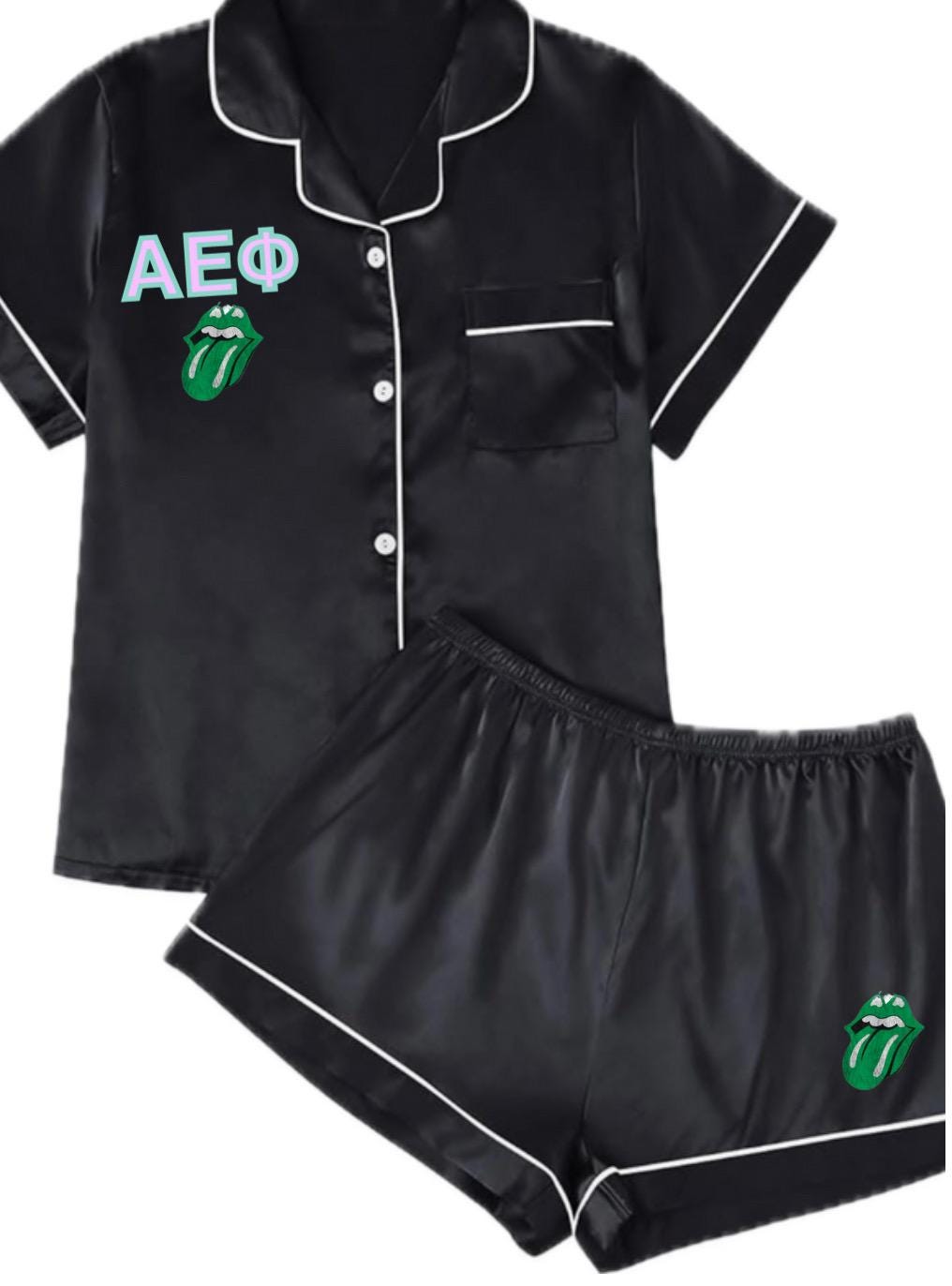 The Stones Tongue 2 piece (custom) satin pajama short lounge set Custom College/Camp Set. (Optional monogram or name) Greek Sorority Letters