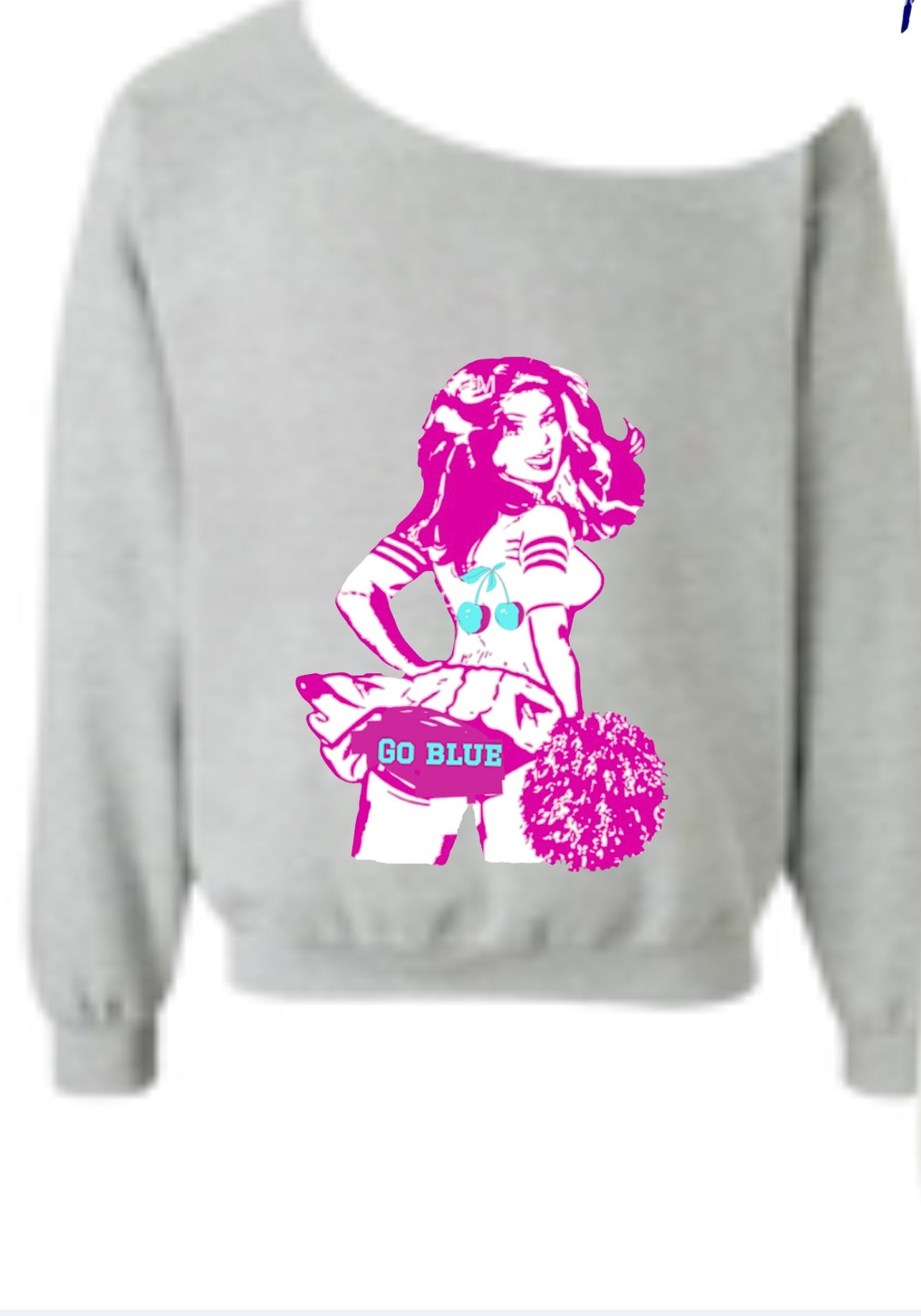 Pin up girl cheerleader College Name on Tush baby t or off shoulder sweatshirt. this design also comes in cropped tank, cropped baby t