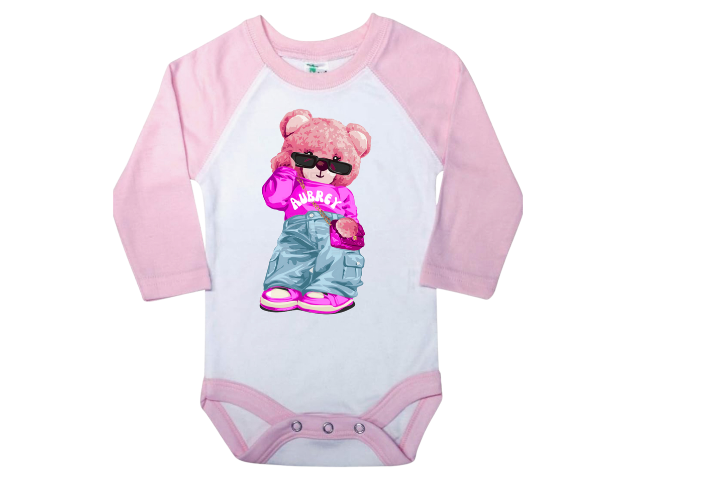 Couture Fashion Bear Custom Raglan onesie personalized with name and color (iced coffee, shopping bear, add name)