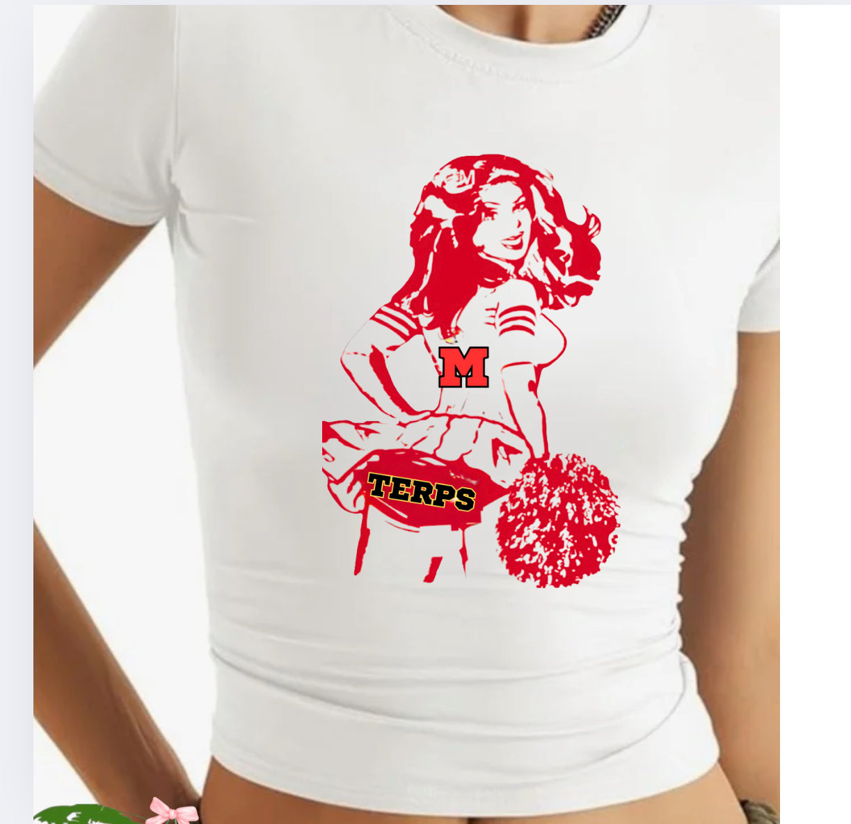 Pin up girl cheerleader College Name on Tush baby t or off shoulder sweatshirt. this design also comes in cropped tank, cropped baby t