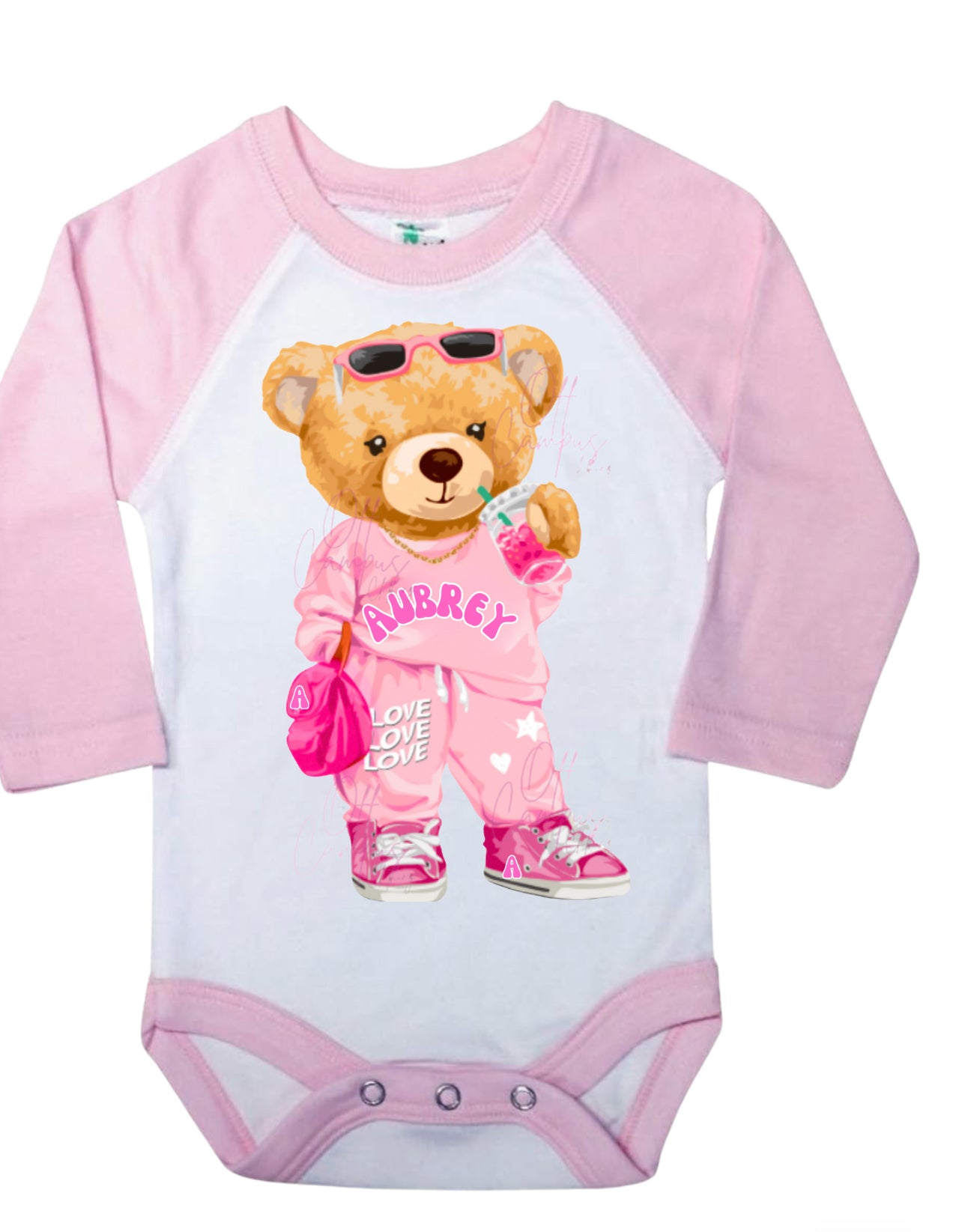 Couture Fashion Bear Custom Raglan onesie personalized with name and color (iced coffee, shopping bear, add name)