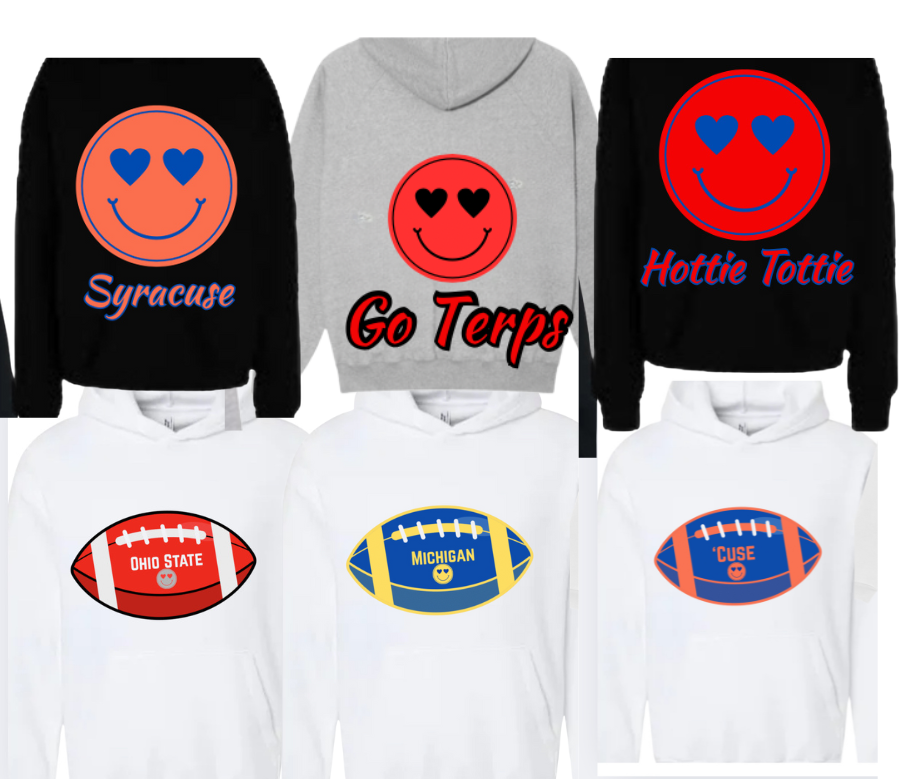 College Football Smiley Sweatshirt with Name & Number Sport Mom, Sibling, Aunt, Player Family - stars or hearts down the arms