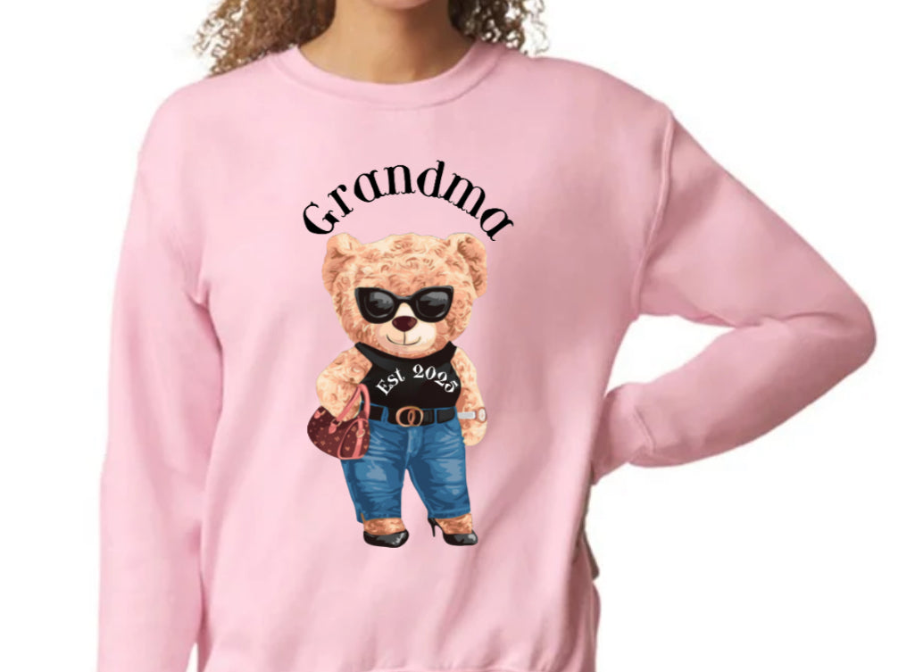 Teddy Bear Sweatshirt Personalized Family Pregnancy announcement Grandpa, Grandma, Uncle, Aunt, Dad “Est. 2025”