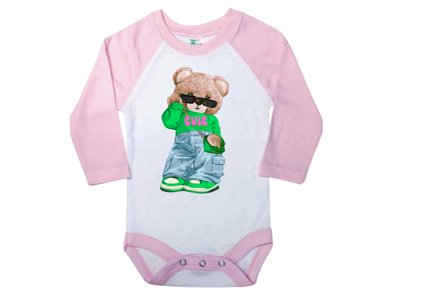 Couture Fashion Bear Custom Raglan onesie personalized with name and color (iced coffee, shopping bear, add name)