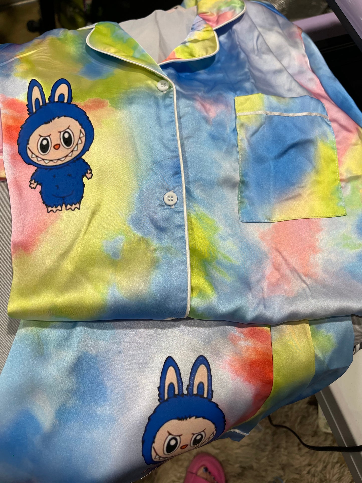 Custom labooboo inspired Youth 2 piece satin pajama set Camp or School - Cute Labubu-Inspired